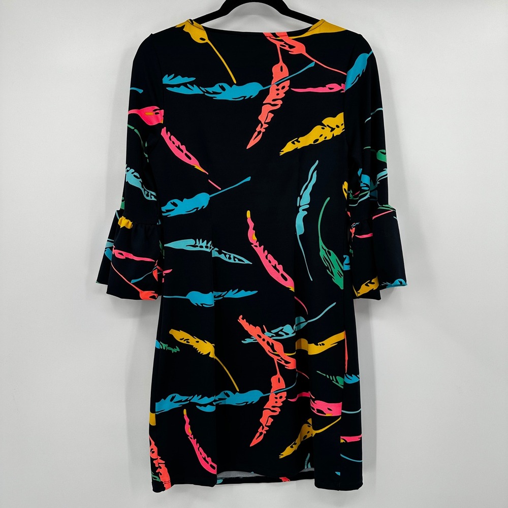 Julie Brown Womens Small Black Neon Bold Feather Print Ruffle Bell Sleeve Dress - Picture 6 of 9